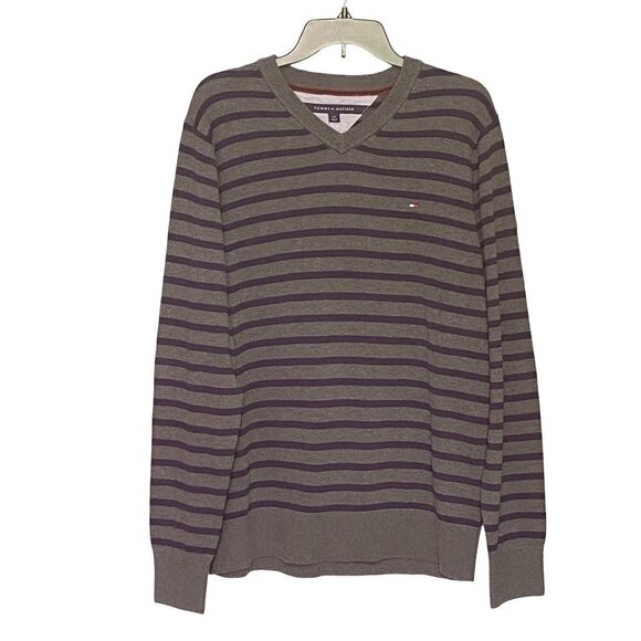 Tommy Hilfiger Flag Logo Striped Long Sleeves V-Neck Pima Cotton Sweater Men L - Picture 1 of 10
